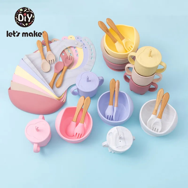 Let'S Make 5PCS/Set Baby Feedings Tableware Silicone Bowl Bib Cup Spoon Fork Non-Slip Bowl Suction Fixing Food Grade Baby Gift